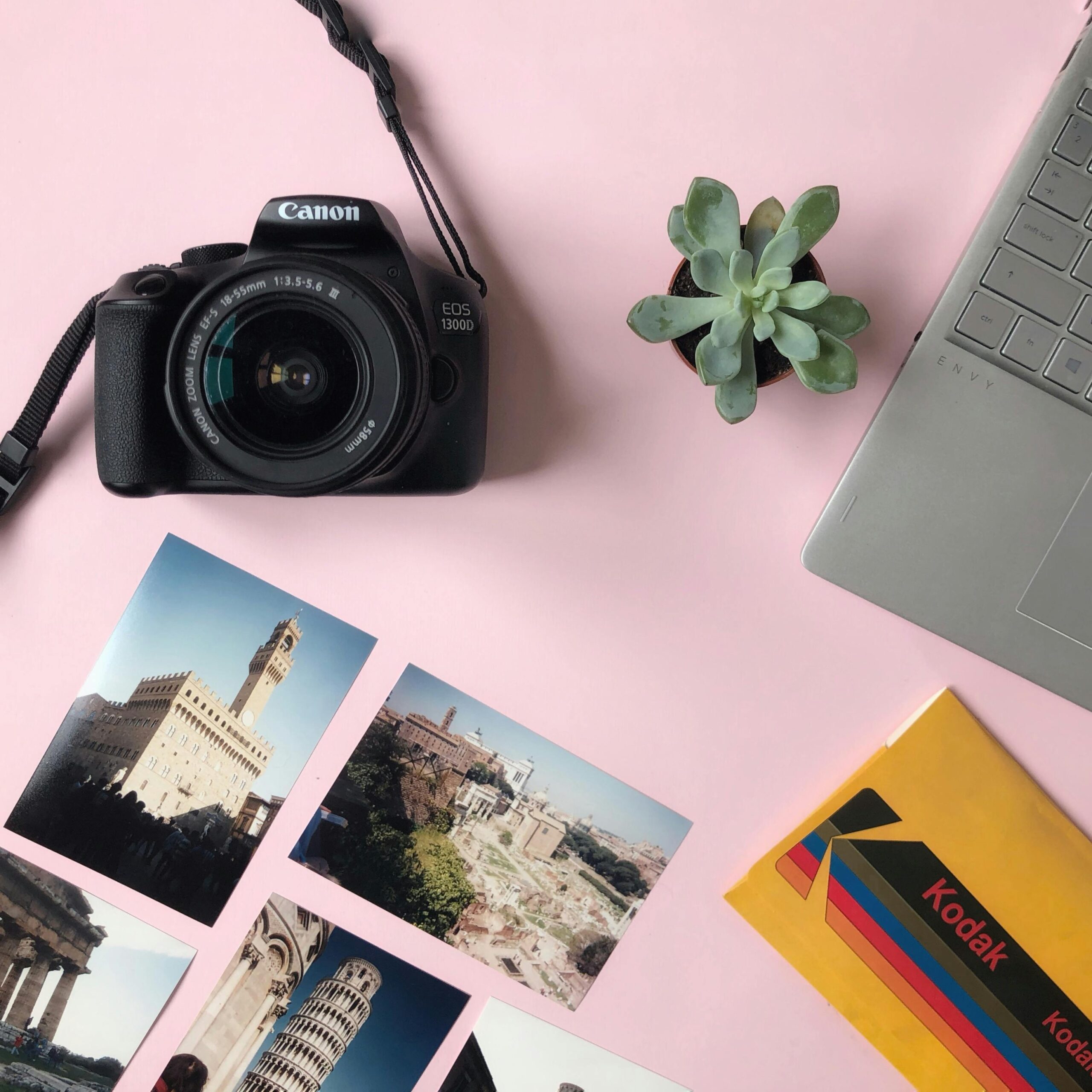 Canon camera, laptop, and travel photos on pink background with a succulent plant.